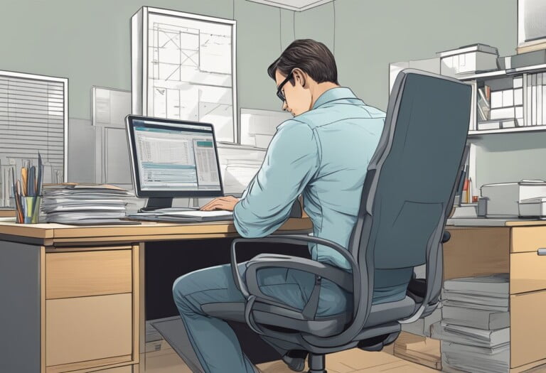 Imagem de uma pessoa com má postura em uma mesa de trabalho